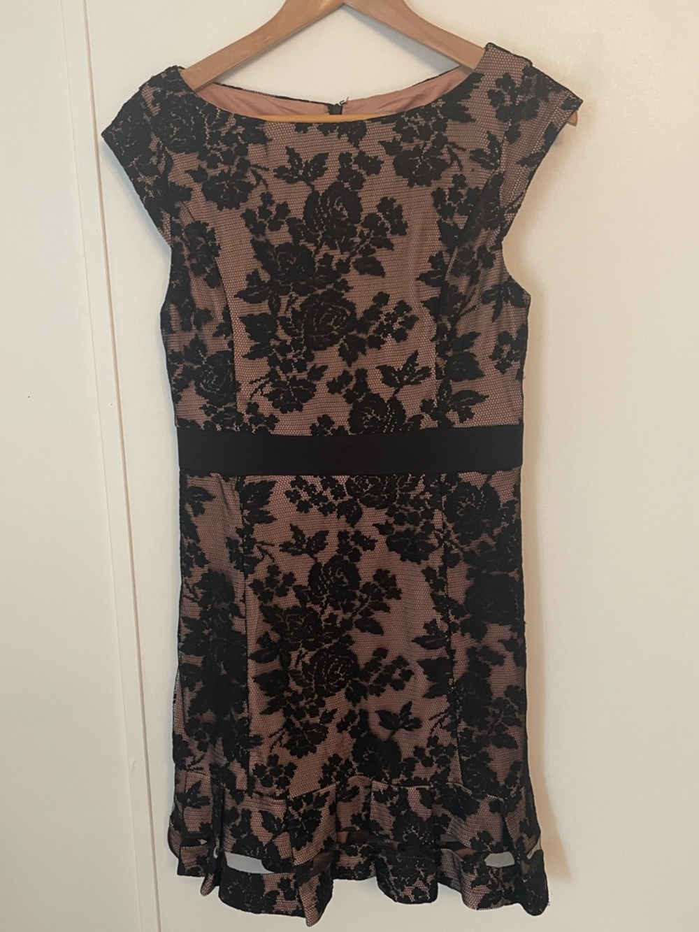 Nikibiki Black Floral Lace Dress on Nude Size L Cap Sleeves Back Zipper NWT